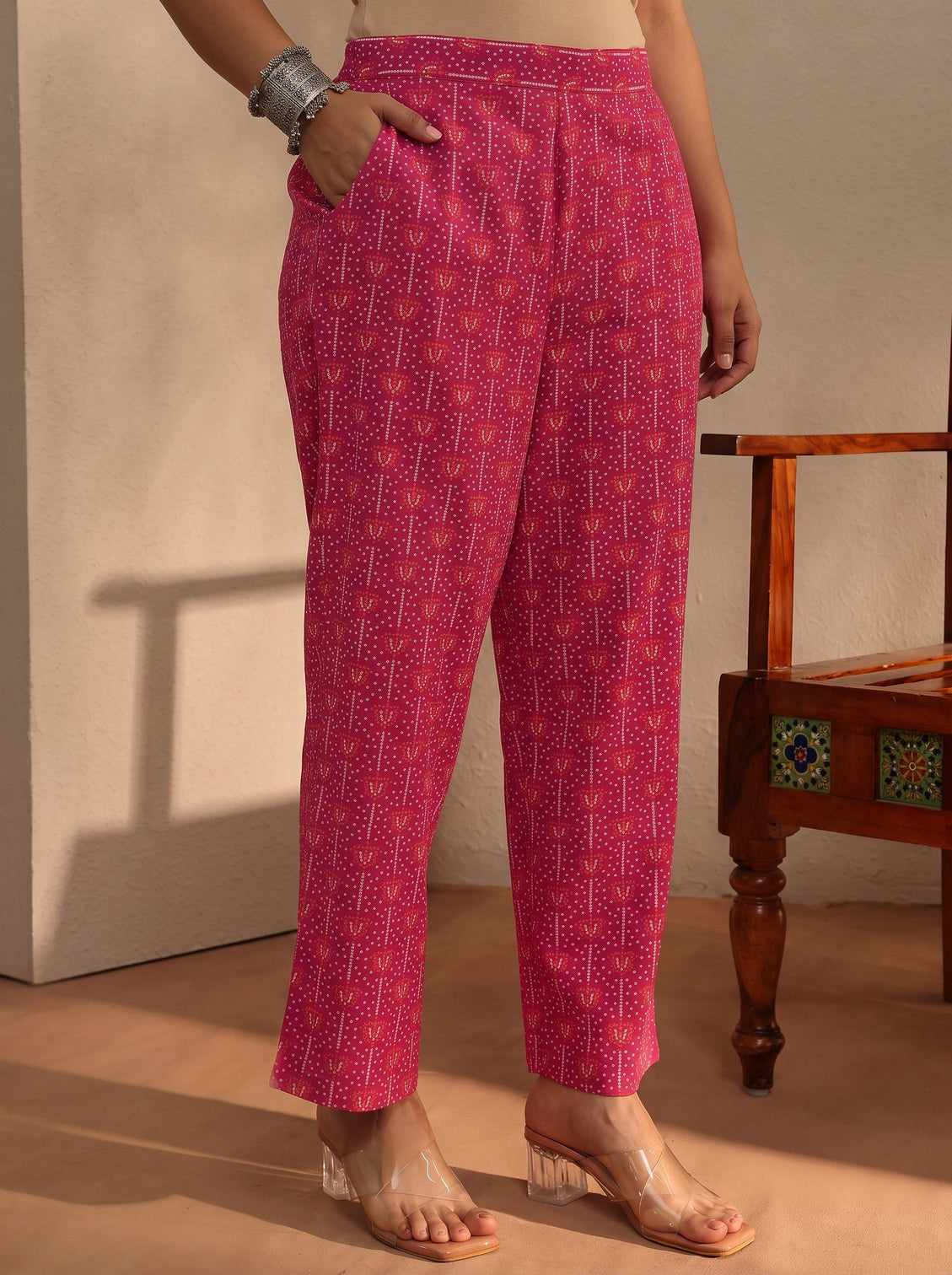 Plus Size Pink Bandhani Printed Cotton Blend A-Line Suit Set With Dupatta