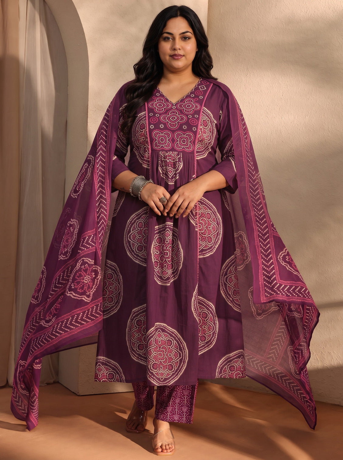 Plus Size Burgundy Bandhani Printed Cotton Blend A-Line Suit Set With Dupatta
