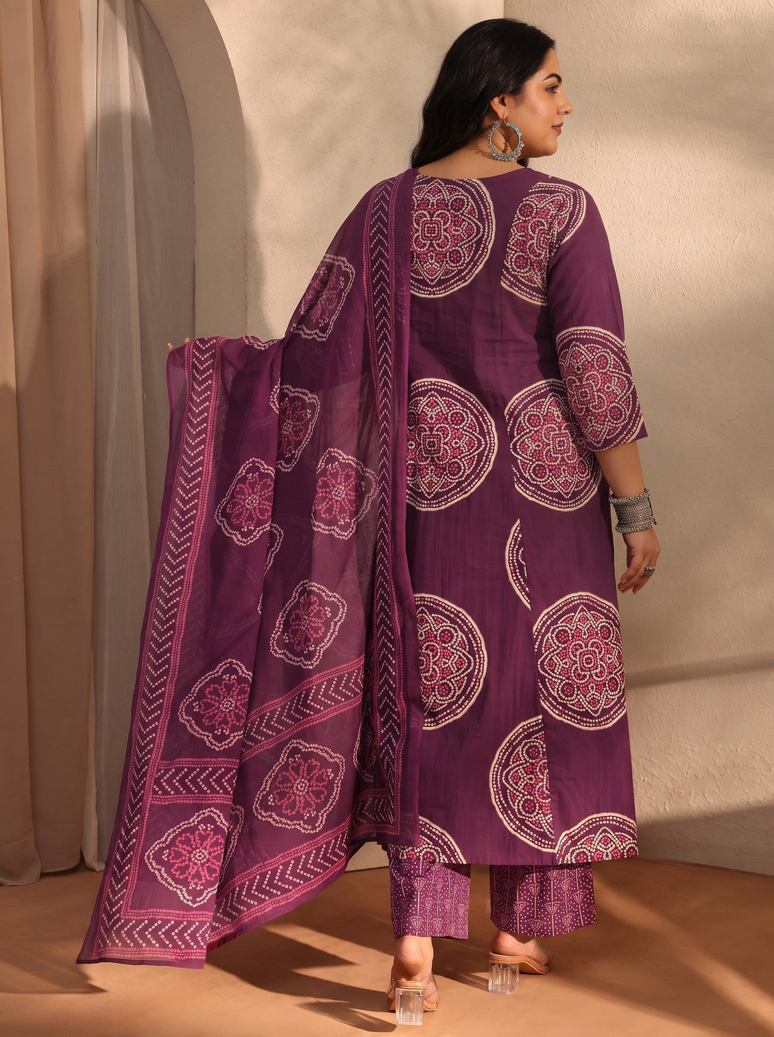 Plus Size Burgundy Bandhani Printed Cotton Blend A-Line Suit Set With Dupatta