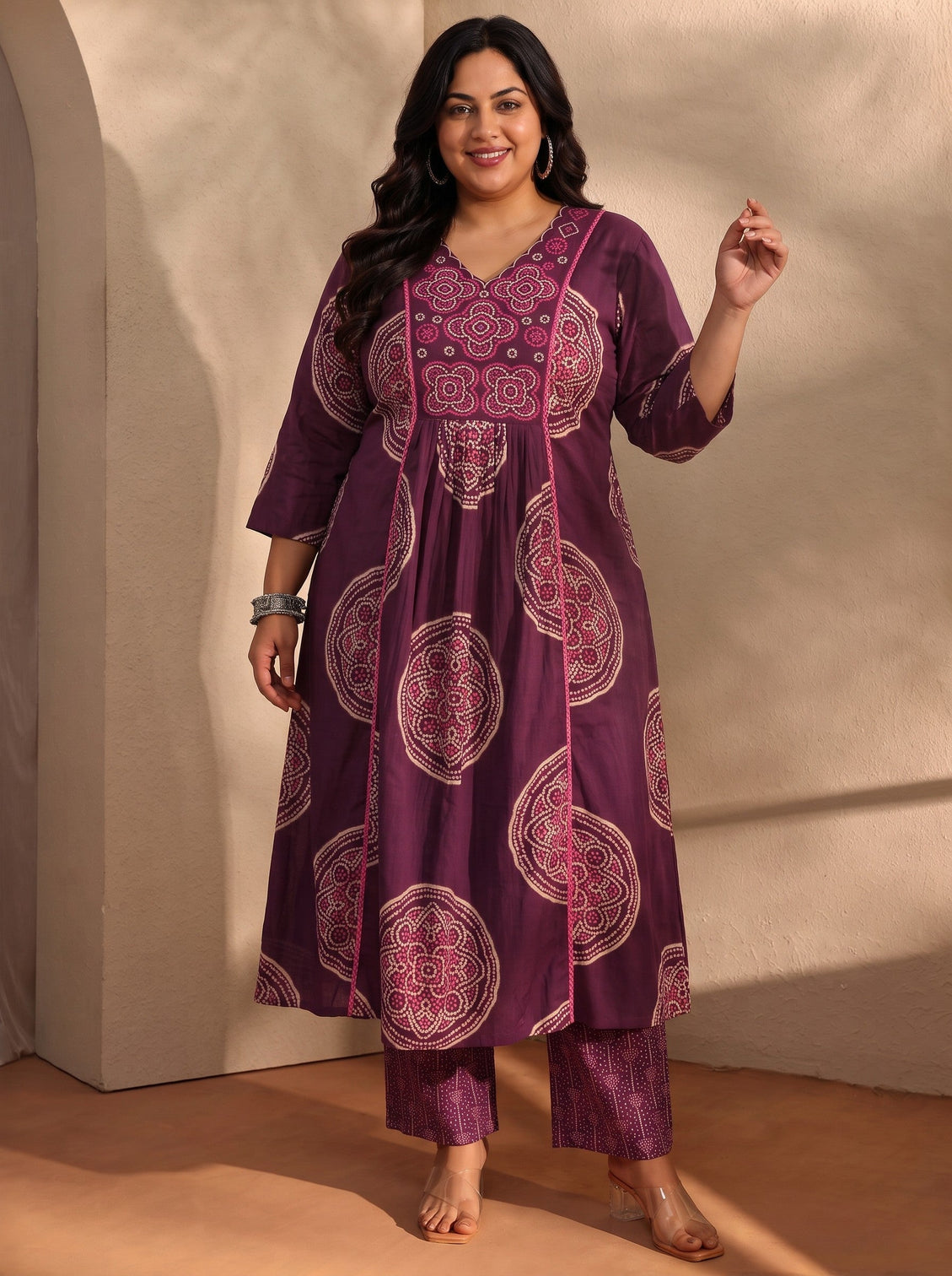 Plus Size Burgundy Bandhani Printed Cotton Blend A-Line Suit Set With Dupatta