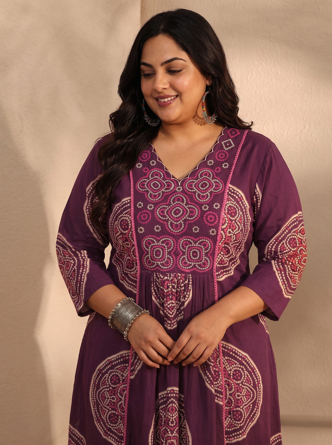 Plus Size Burgundy Bandhani Printed Cotton Blend A-Line Suit Set With Dupatta