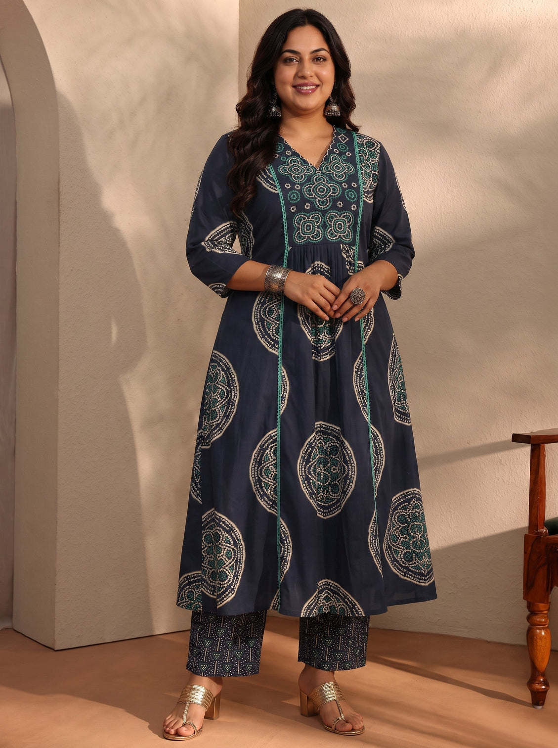 Plus Size Blue Bandhani Printed Cotton Blend A-Line Suit Set With Dupatta