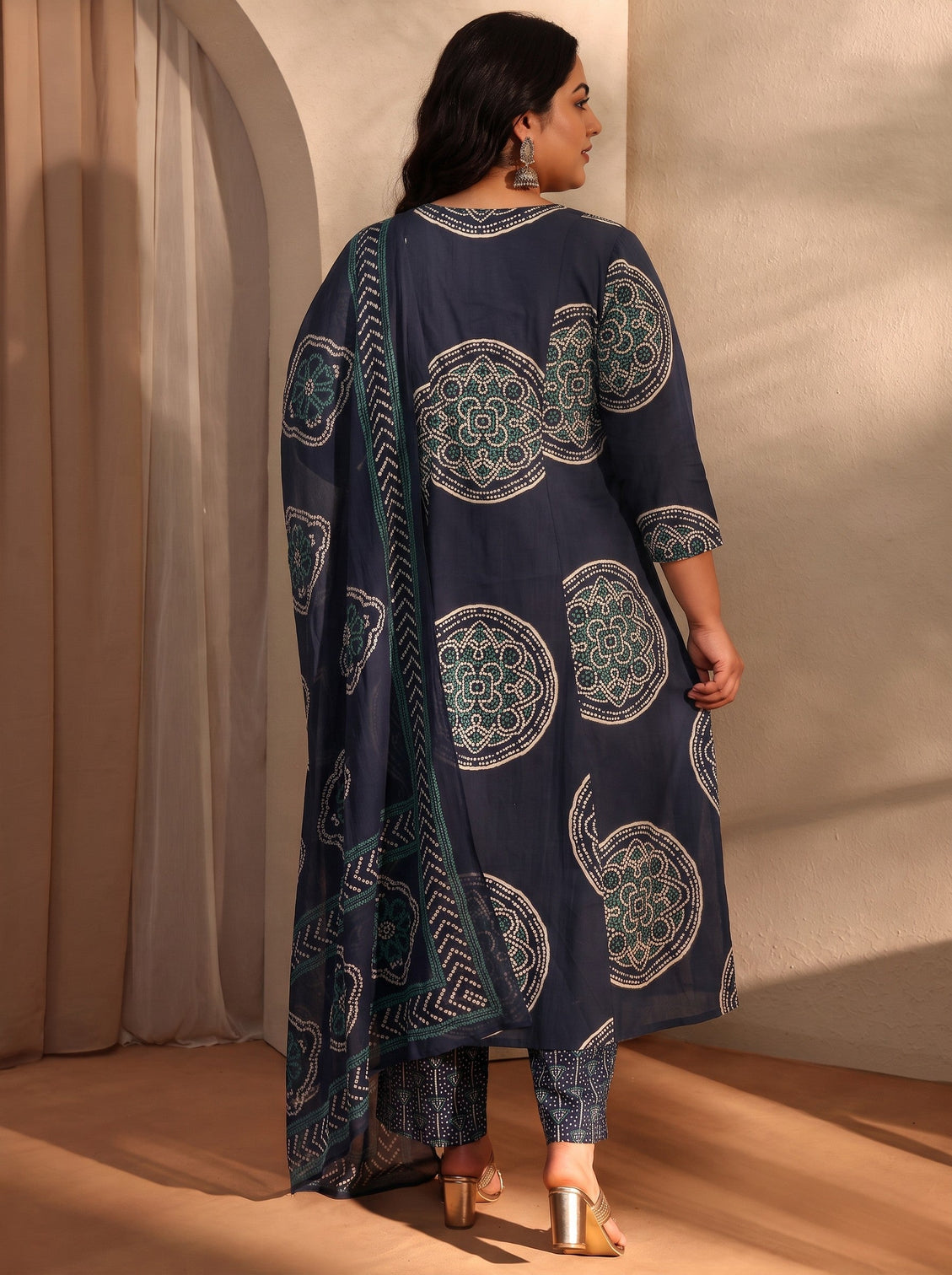 Plus Size Blue Bandhani Printed Cotton Blend A-Line Suit Set With Dupatta