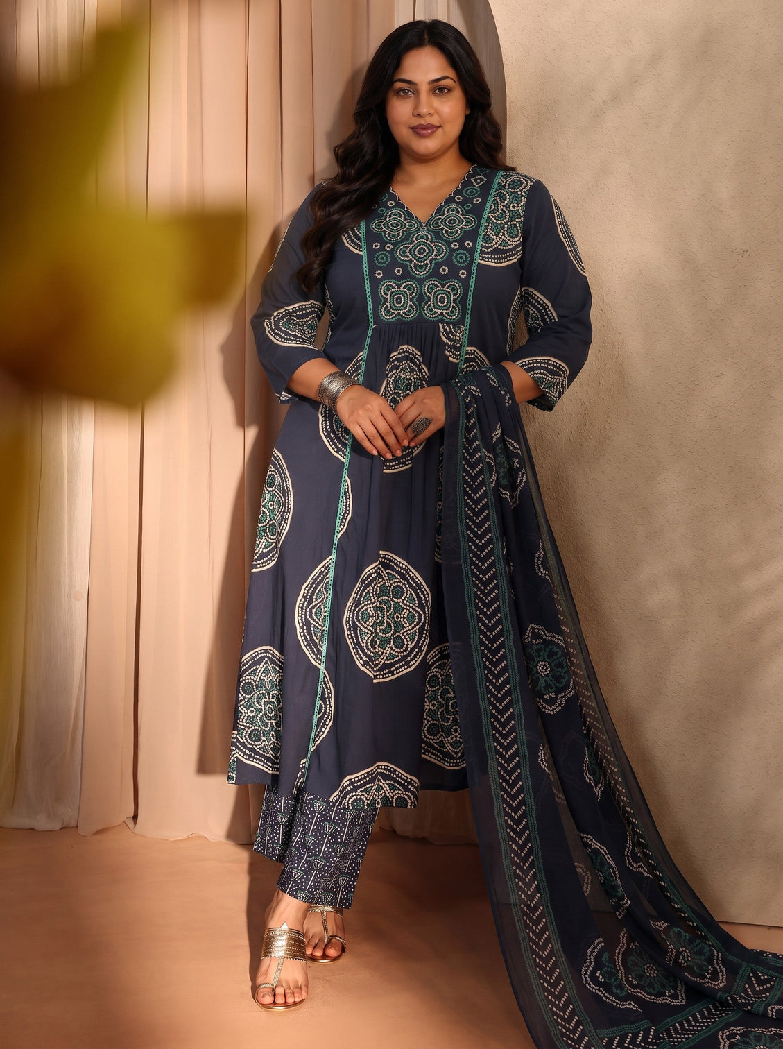 Plus Size Blue Bandhani Printed Cotton Blend A-Line Suit Set With Dupatta