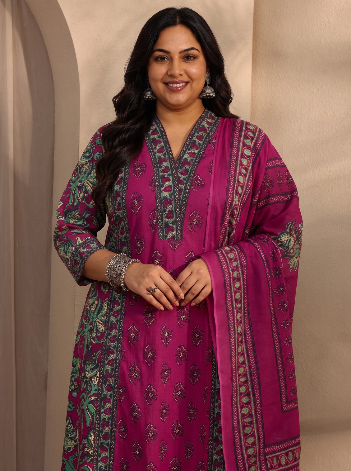 Plus Size Pink Floral Printed Cotton Blend A-Line Suit Set With Dupatta