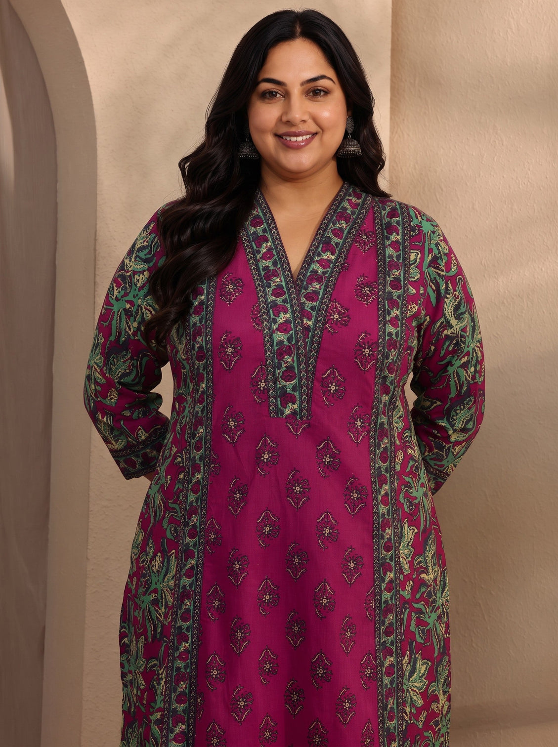 Plus Size Pink Floral Printed Cotton Blend A-Line Suit Set With Dupatta