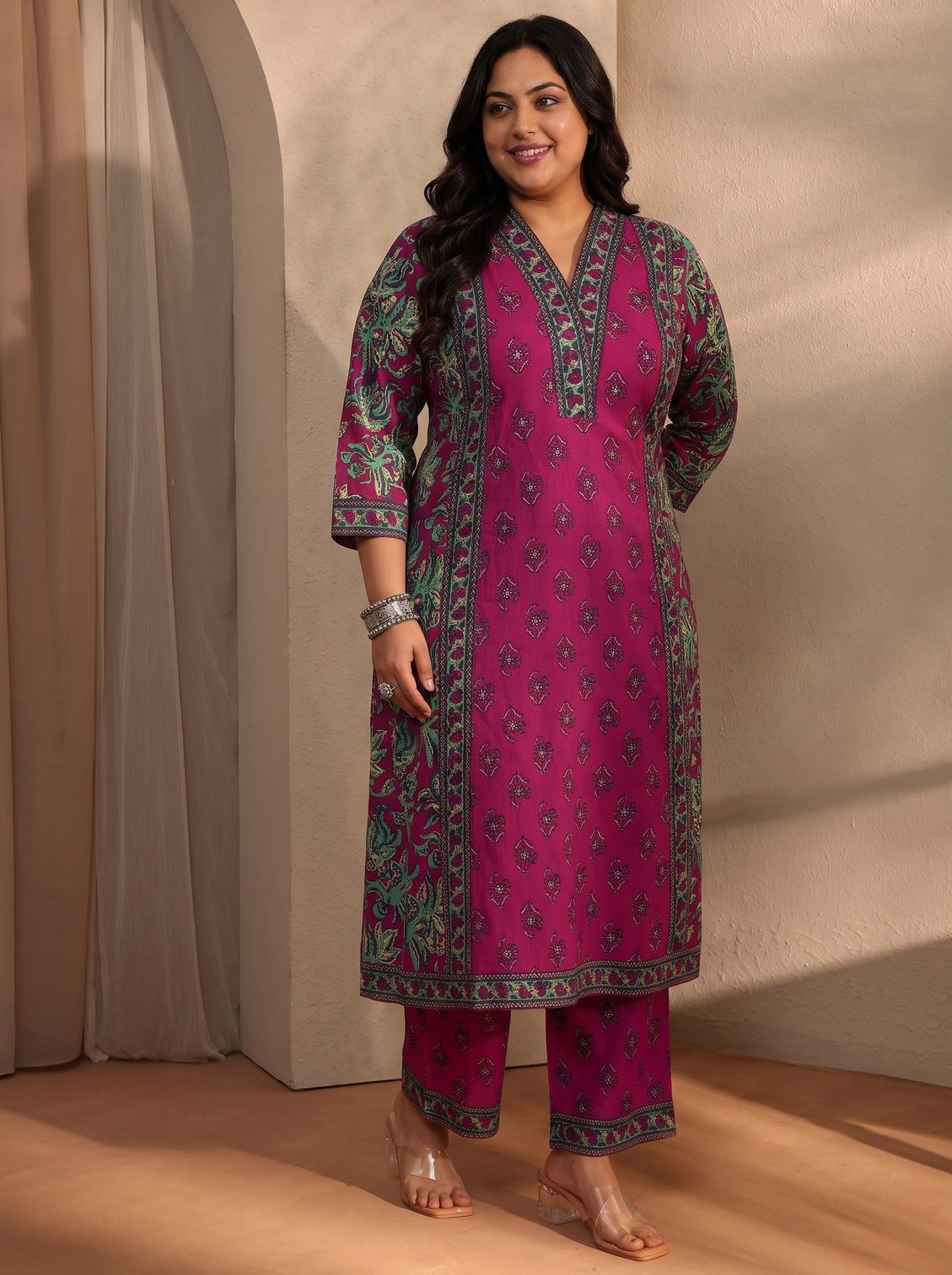 Plus Size Pink Floral Printed Cotton Blend A-Line Suit Set With Dupatta