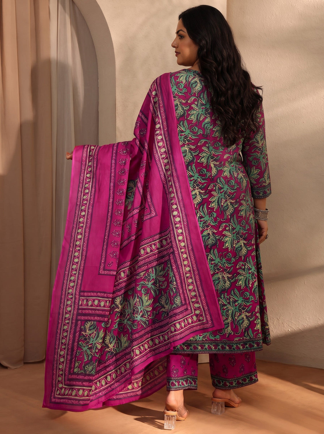 Plus Size Pink Floral Printed Cotton Blend A-Line Suit Set With Dupatta