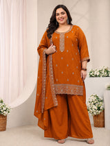 Plus Size Rust Embroidered Silk Blend Straight Suit Set With Dupatta