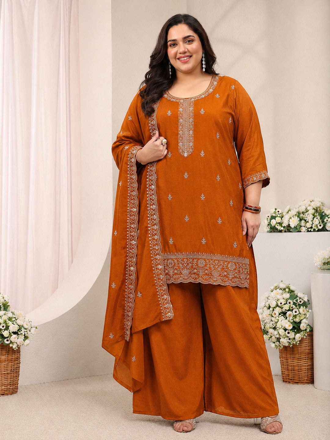 Plus Size Rust Embroidered Silk Blend Straight Suit Set With Dupatta
