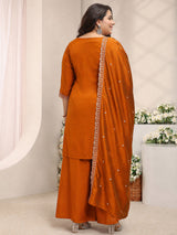 Plus Size Rust Embroidered Silk Blend Straight Suit Set With Dupatta