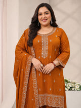 Plus Size Rust Embroidered Silk Blend Straight Suit Set With Dupatta