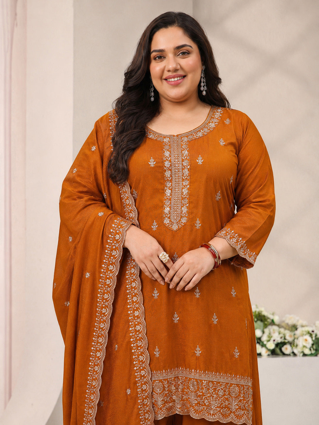 Plus Size Rust Embroidered Silk Blend Straight Suit Set With Dupatta