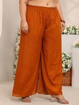 Plus Size Rust Embroidered Silk Blend Straight Suit Set With Dupatta