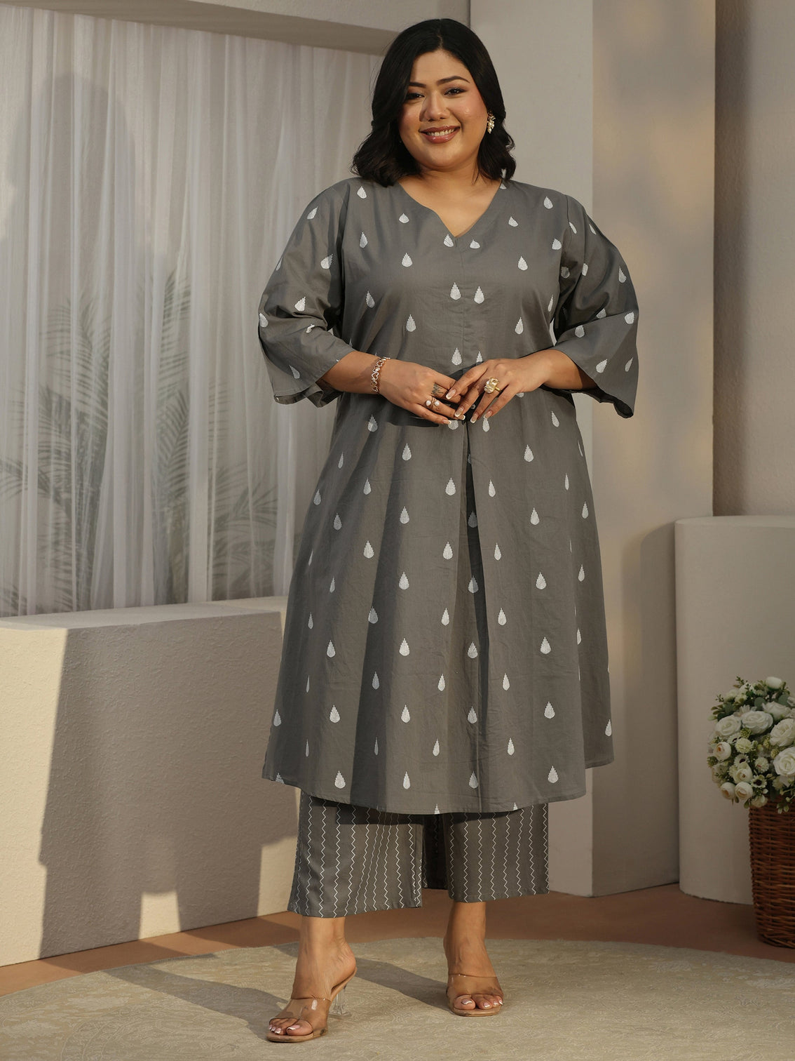 Plus Size Grey Floral Woven Design Cotton Blend A-Line Kurta Set