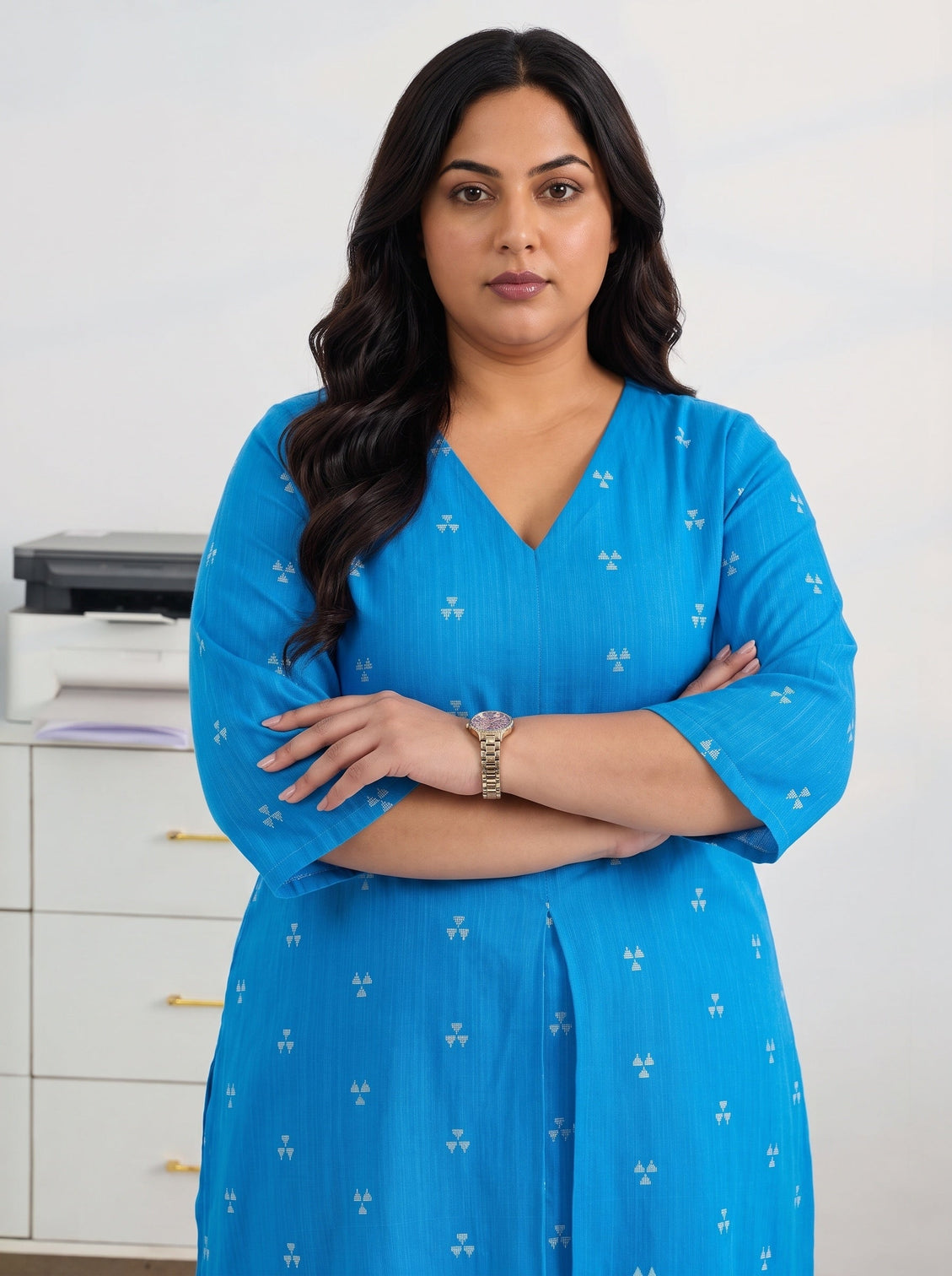 Plus Size Blue Woven Design Cotton Blend A-Line Kurta Set
