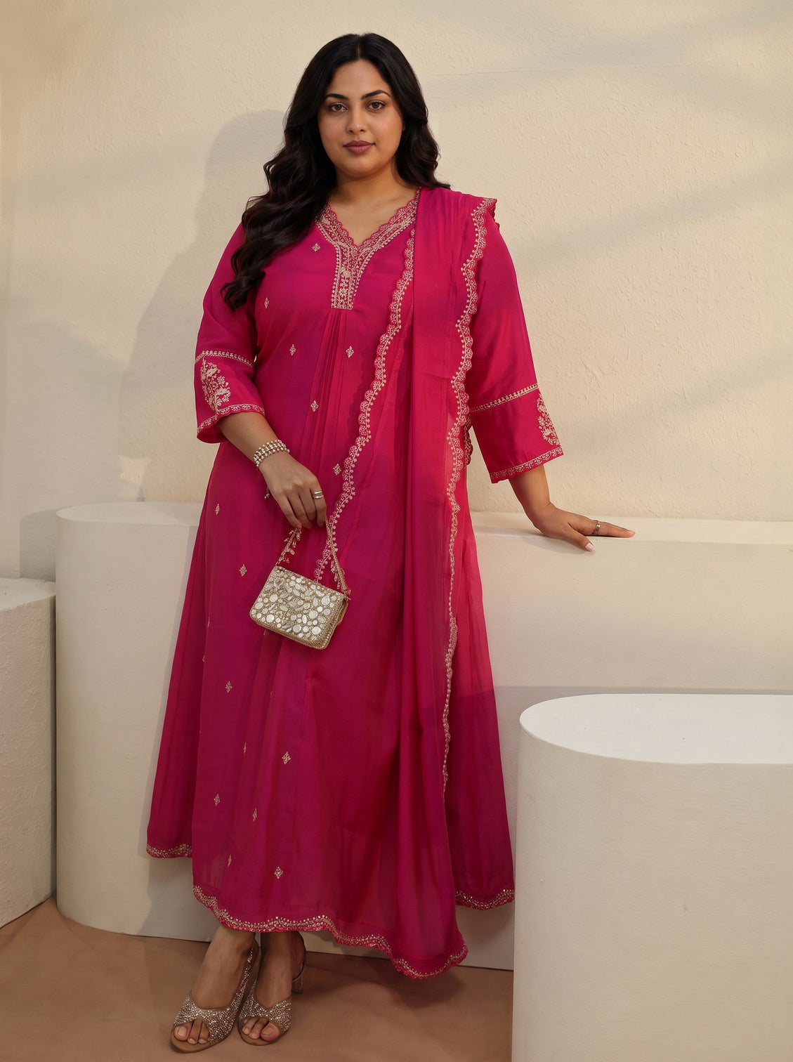 Plus Size Rani Pink Embroidered Chanderi Cotton A-Line Suit Set