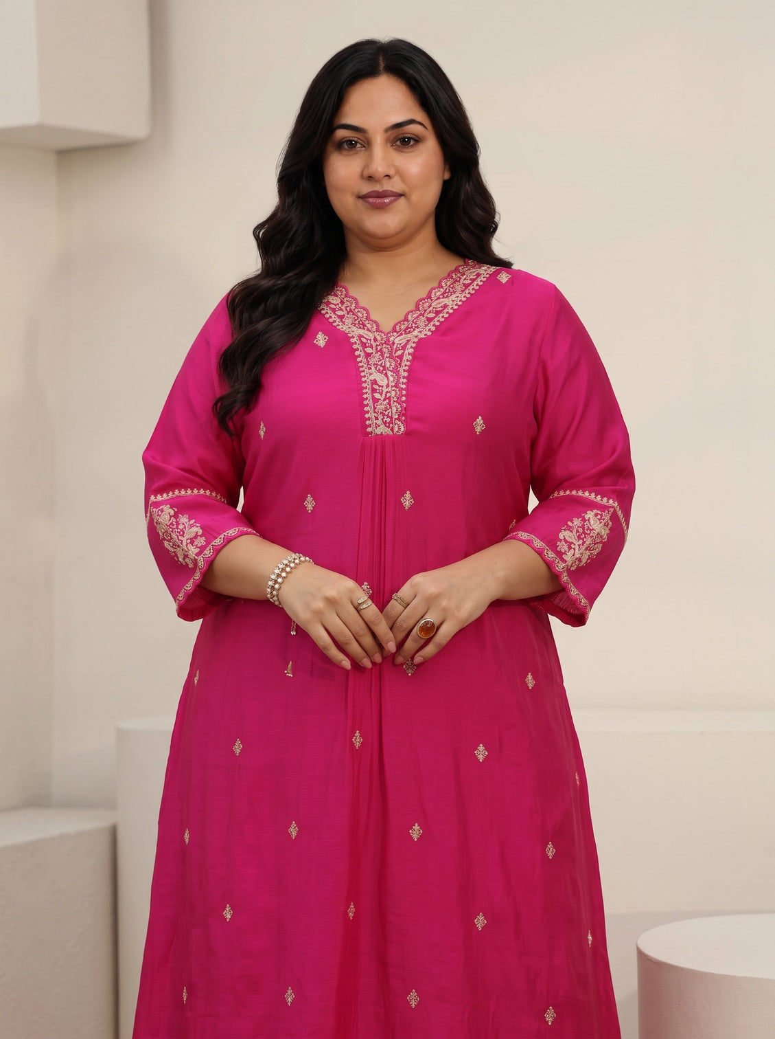 Plus Size Rani Pink Embroidered Chanderi Cotton A-Line Suit Set
