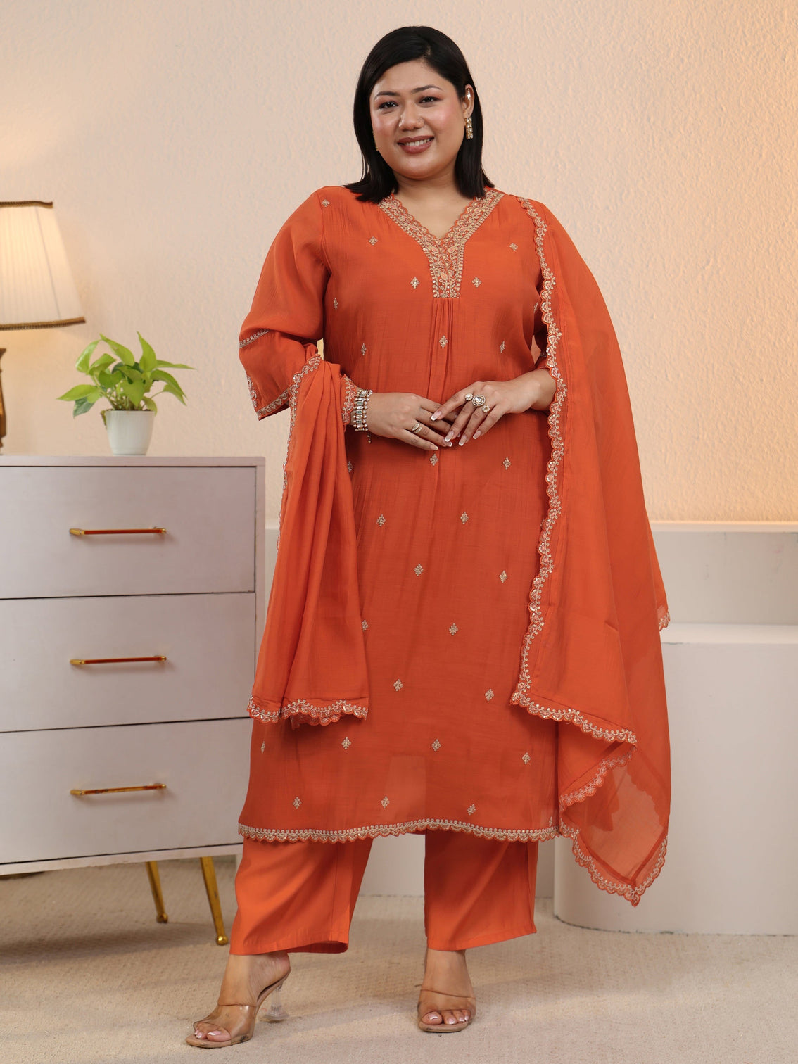 Plus Size Orange Embroidered Chanderi Cotton A-Line Suit Set