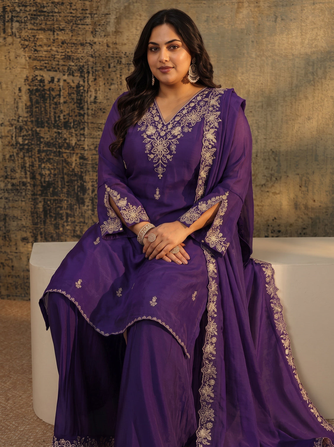 Plus Size Aubergine Purple Floral Embroidered Chanderi Cotton Palazzo Suit Set