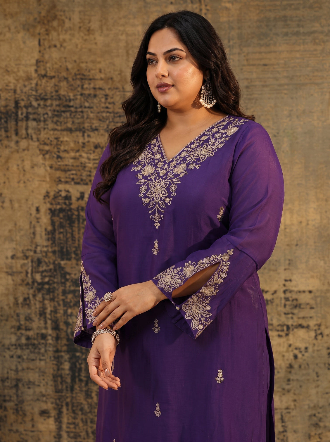 Plus Size Aubergine Purple Floral Embroidered Chanderi Cotton Palazzo Suit Set