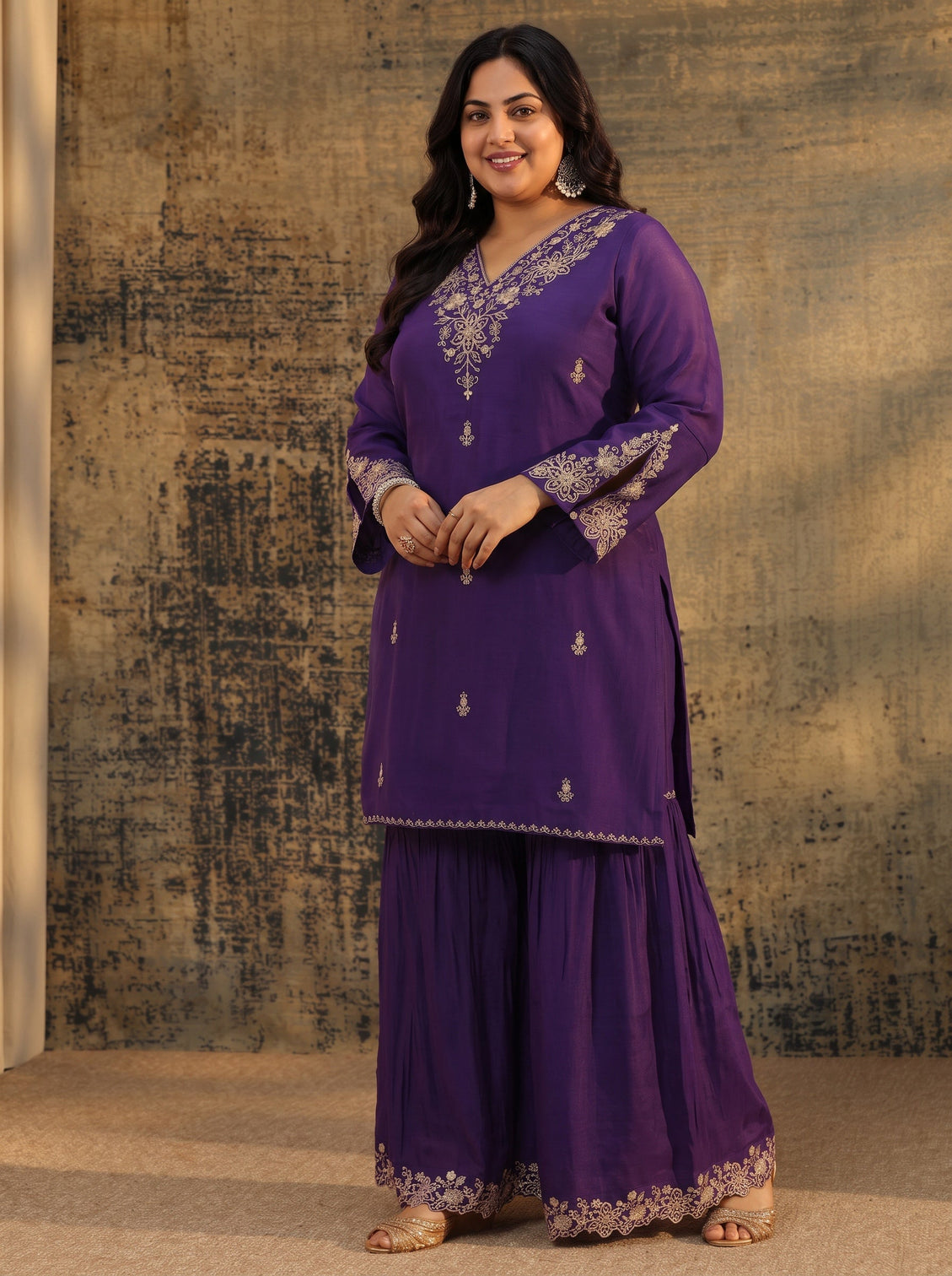 Plus Size Aubergine Purple Floral Embroidered Chanderi Cotton Palazzo Suit Set