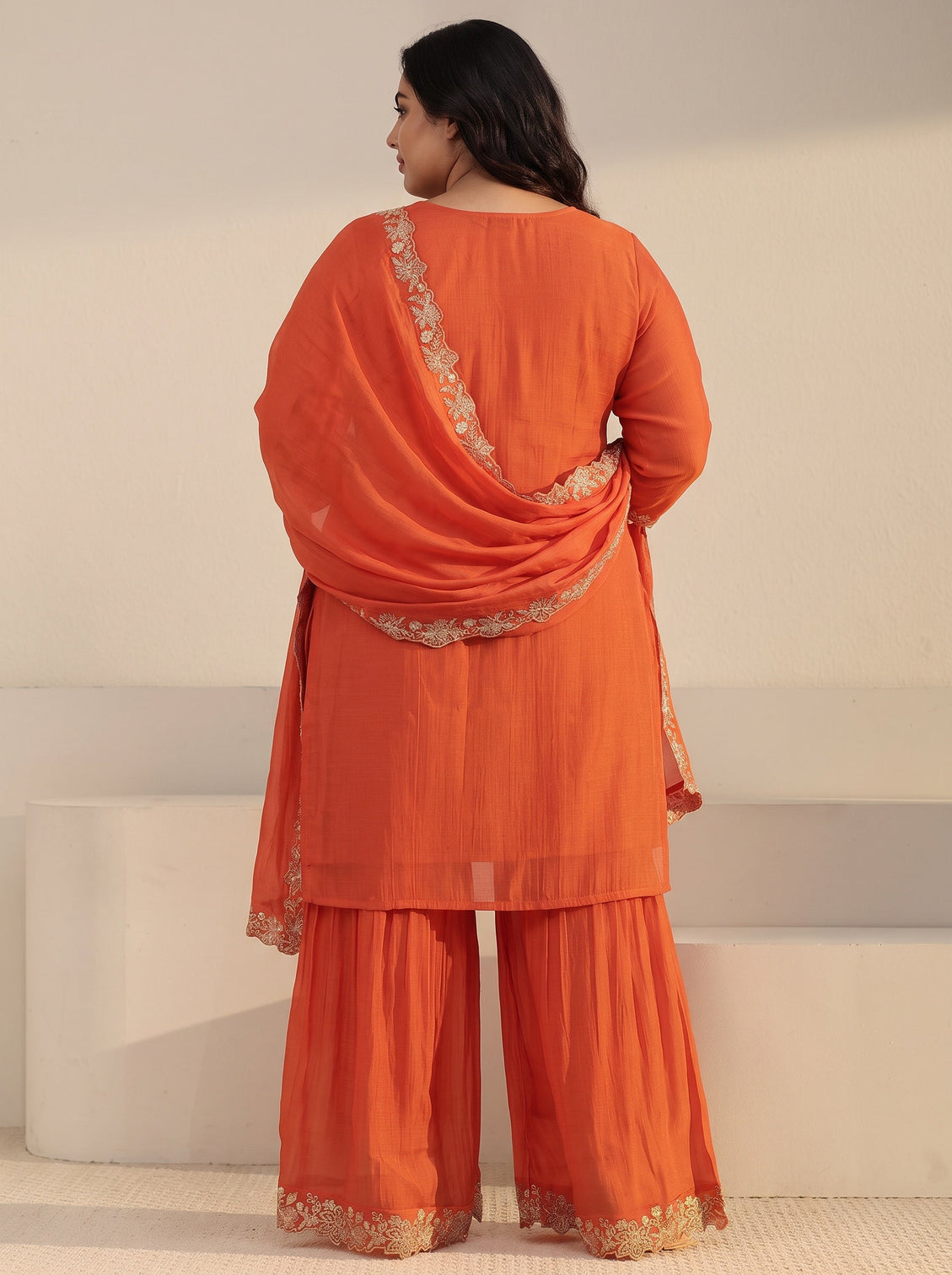 Plus Size Orange Floral Embroidered Chanderi Cotton Sharara Suit Set
