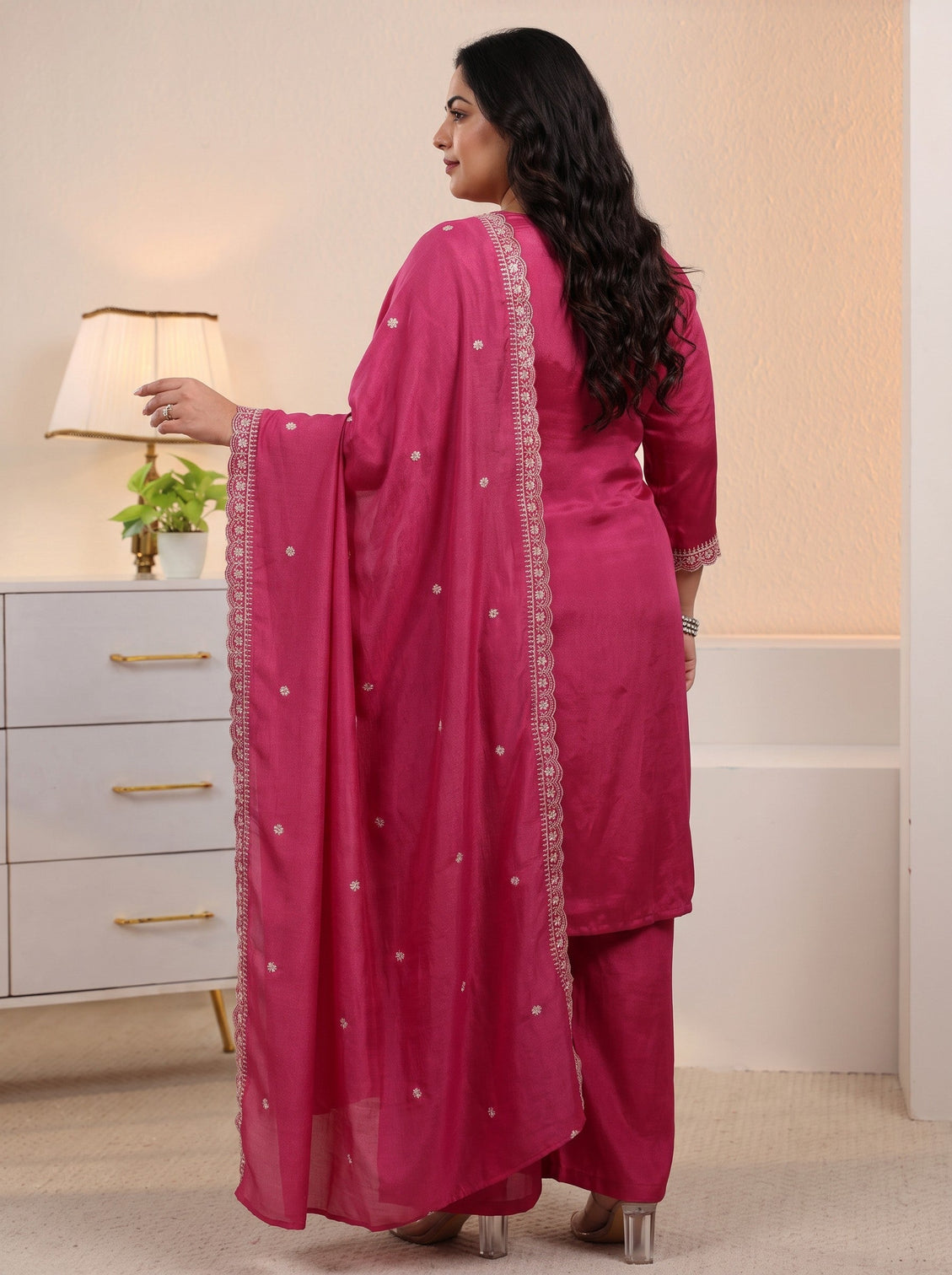 Plus Size Rani Pink Floral Embroidered Silk Blend Palazzo Suit Set