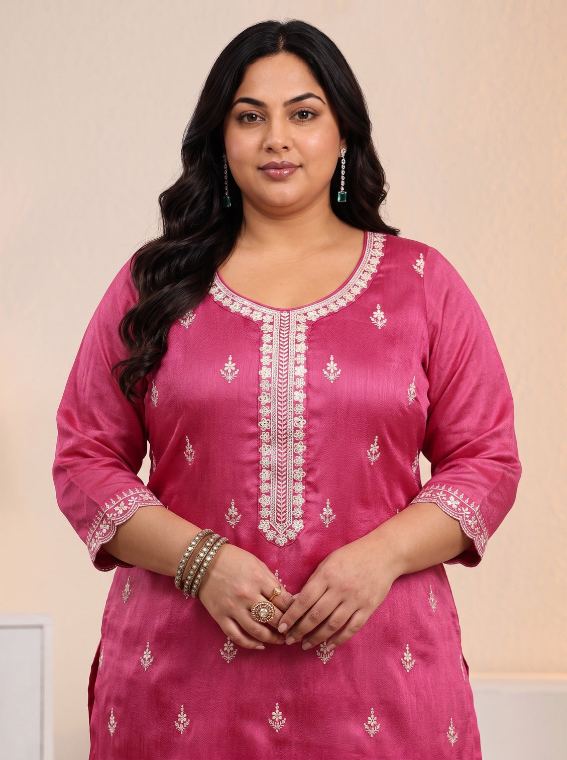 Plus Size Rani Pink Floral Embroidered Silk Blend Palazzo Suit Set