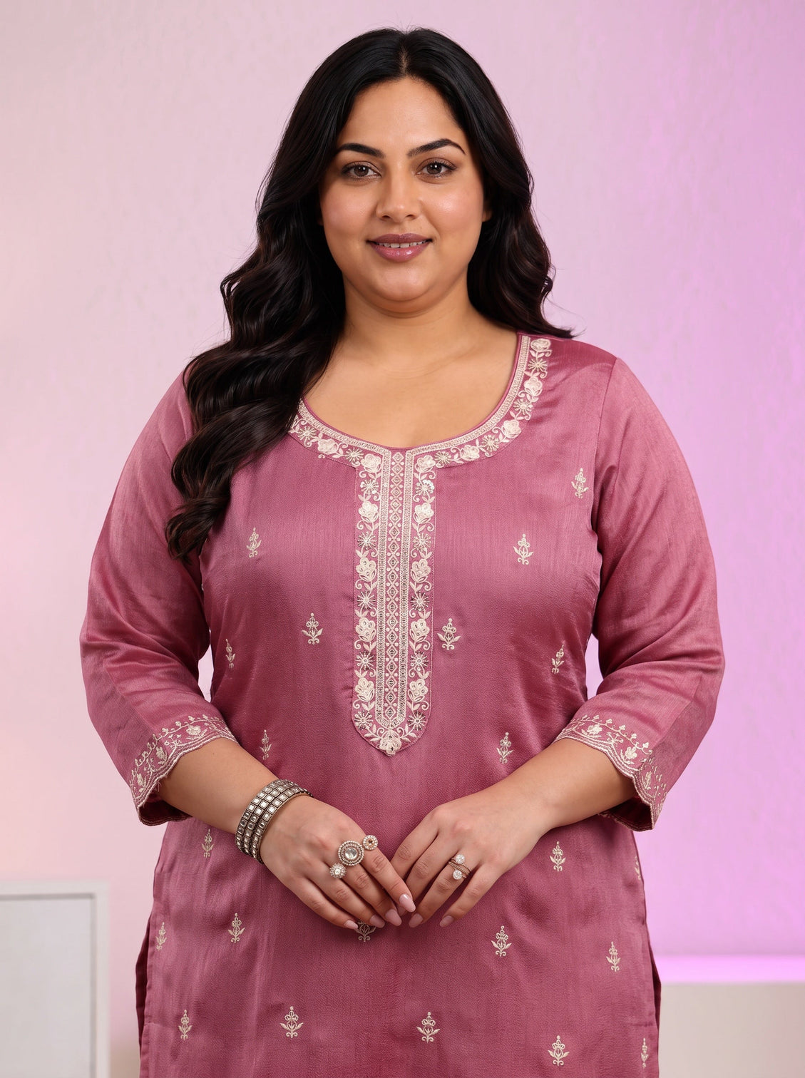 Plus Size Dusty Rose Pink Floral Embroidered Silk Blend Palazzo Suit Set