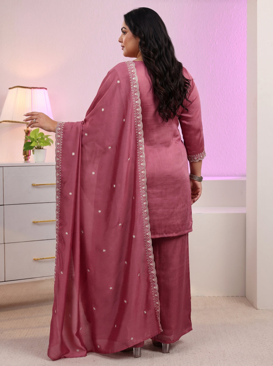 Plus Size Dusty Rose Pink Floral Embroidered Silk Blend Palazzo Suit Set