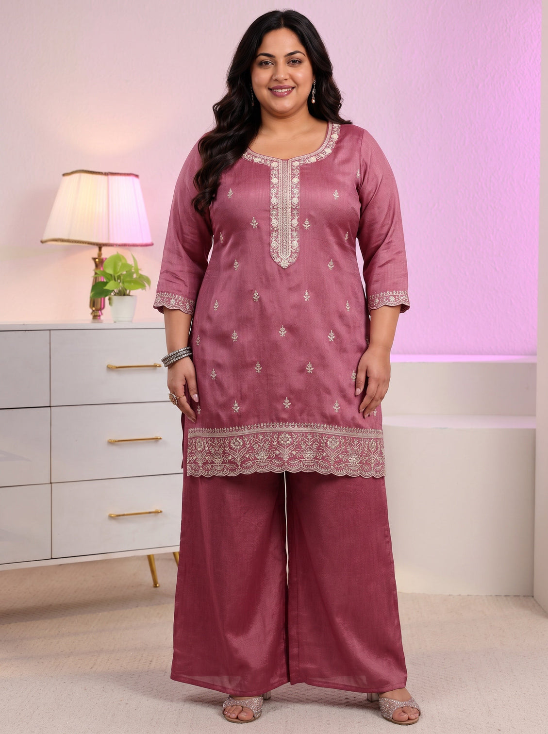 Plus Size Dusty Rose Pink Floral Embroidered Silk Blend Palazzo Suit Set