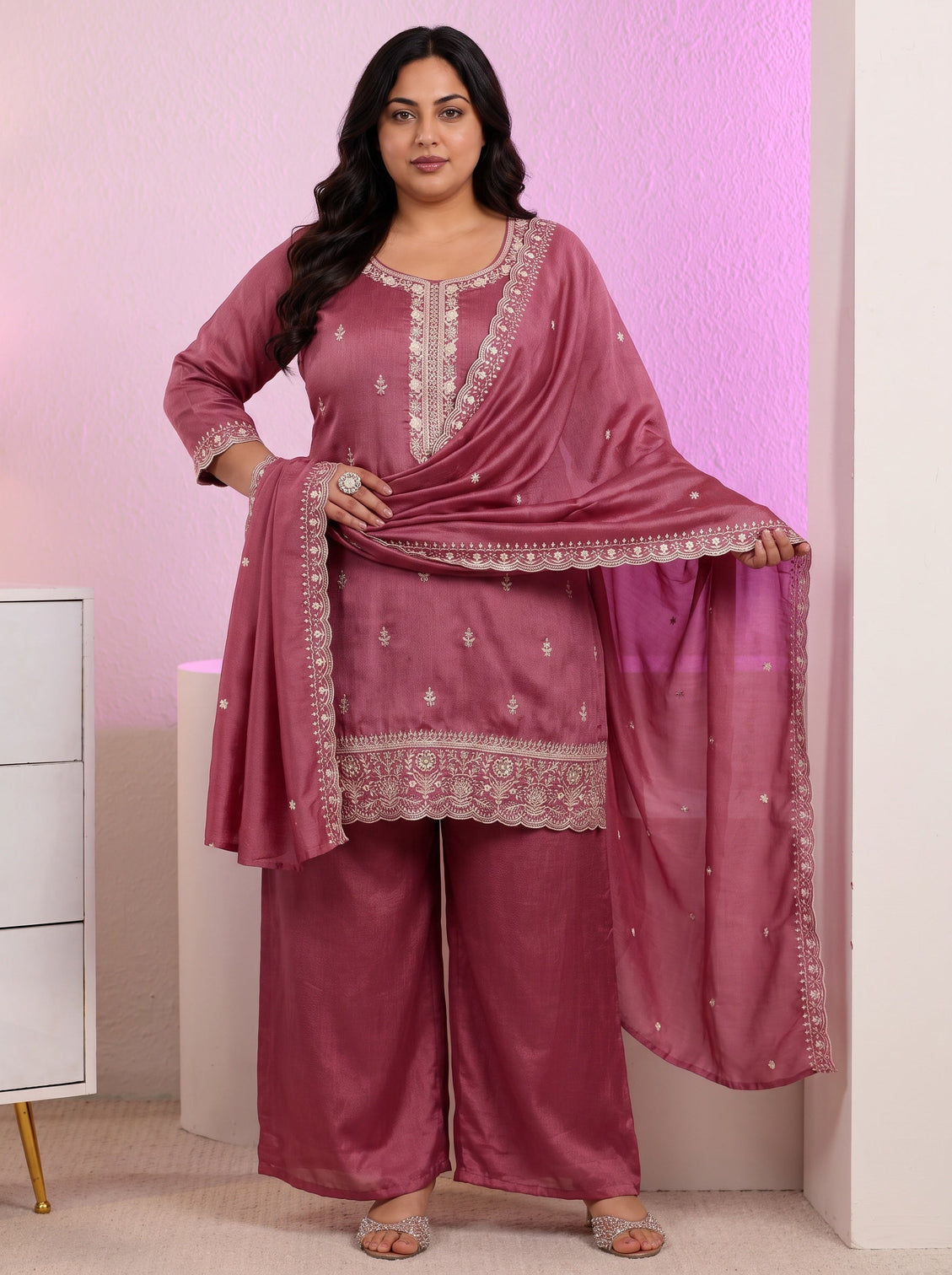 Plus Size Dusty Rose Pink Floral Embroidered Silk Blend Palazzo Suit Set