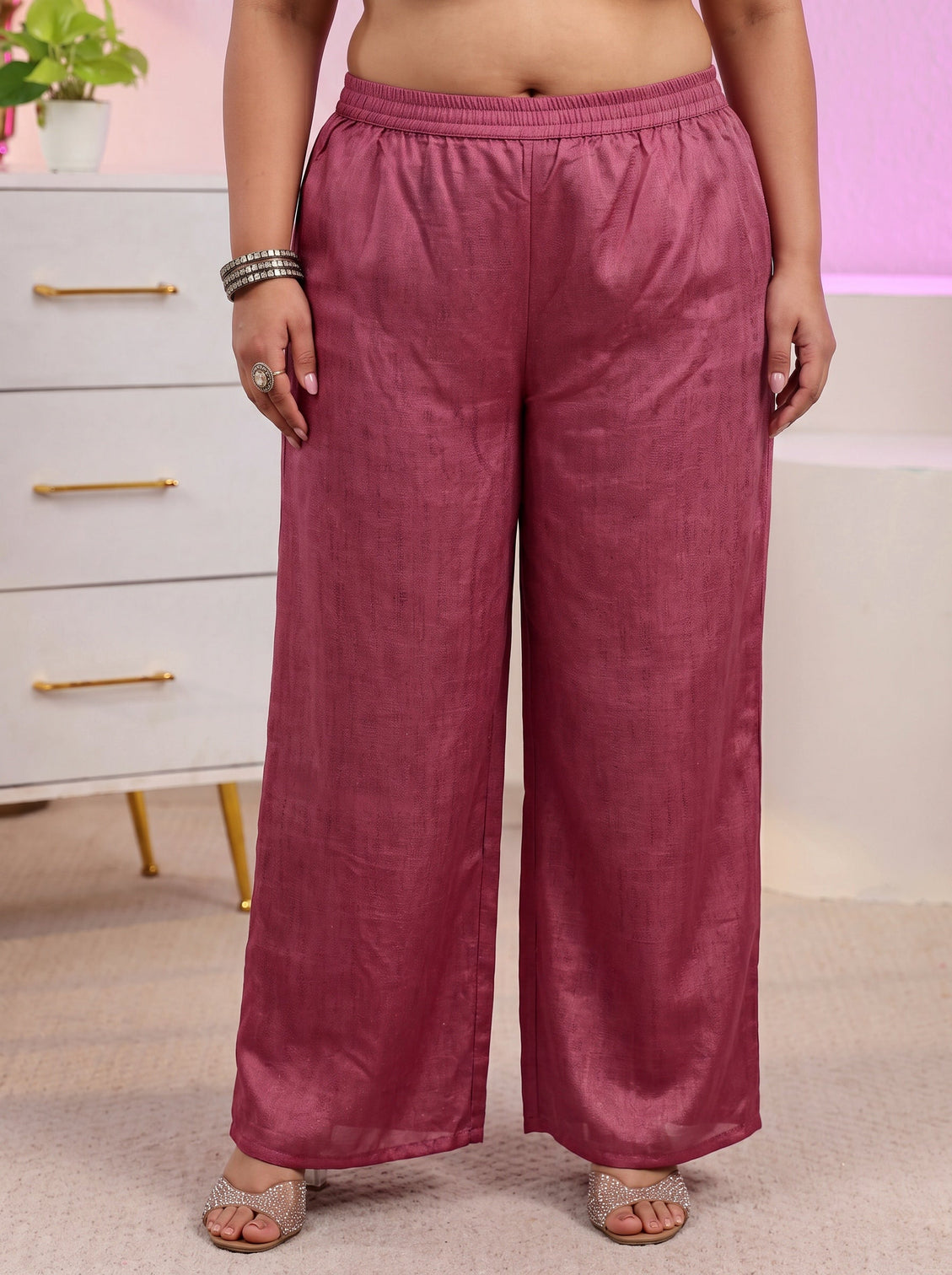 Plus Size Dusty Rose Pink Floral Embroidered Silk Blend Palazzo Suit Set