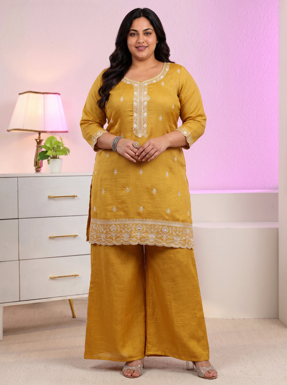 Plus Size Mustard Floral Embroidered Silk Blend Palazzo Suit Set