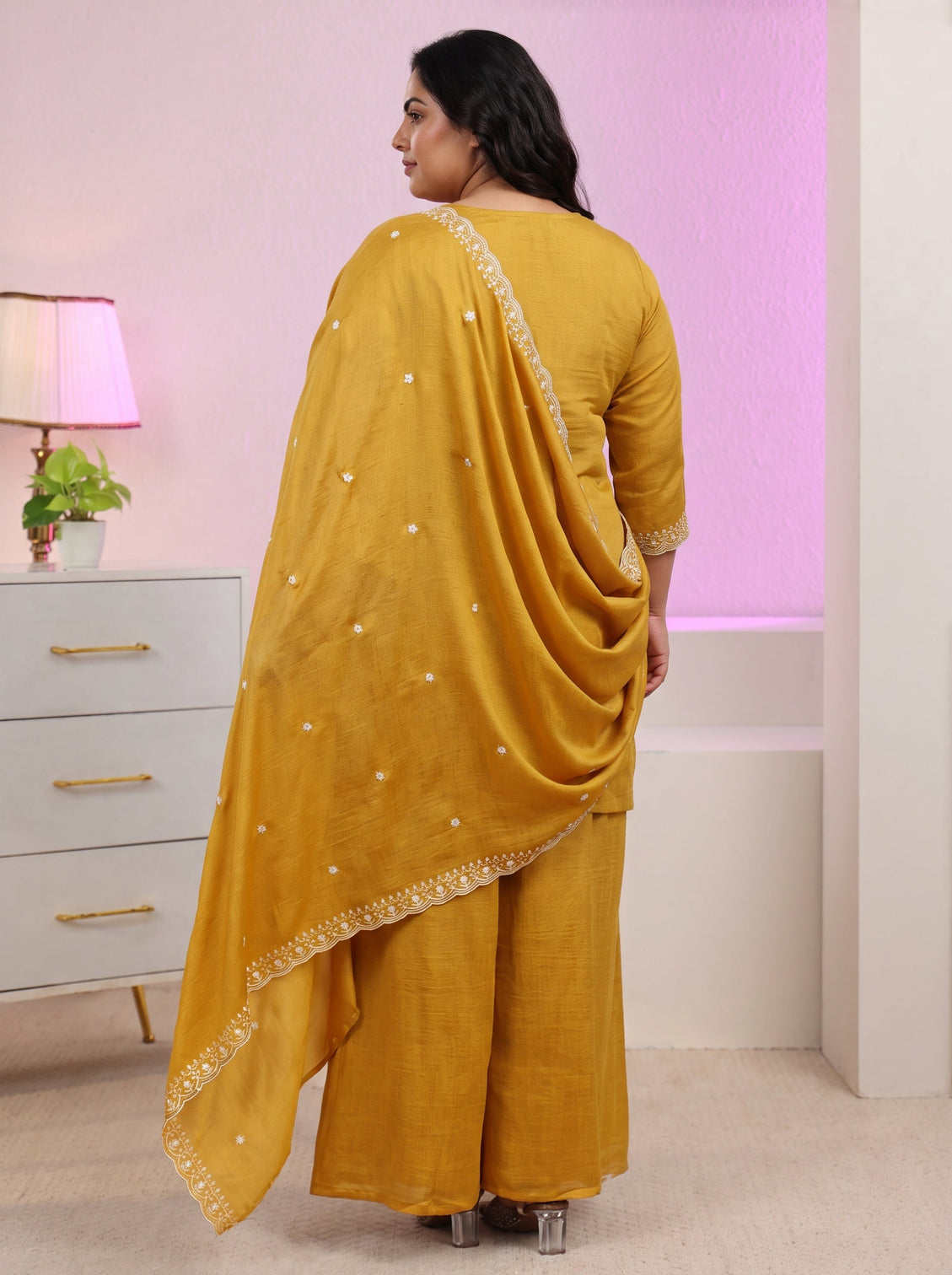 Plus Size Mustard Floral Embroidered Silk Blend Palazzo Suit Set