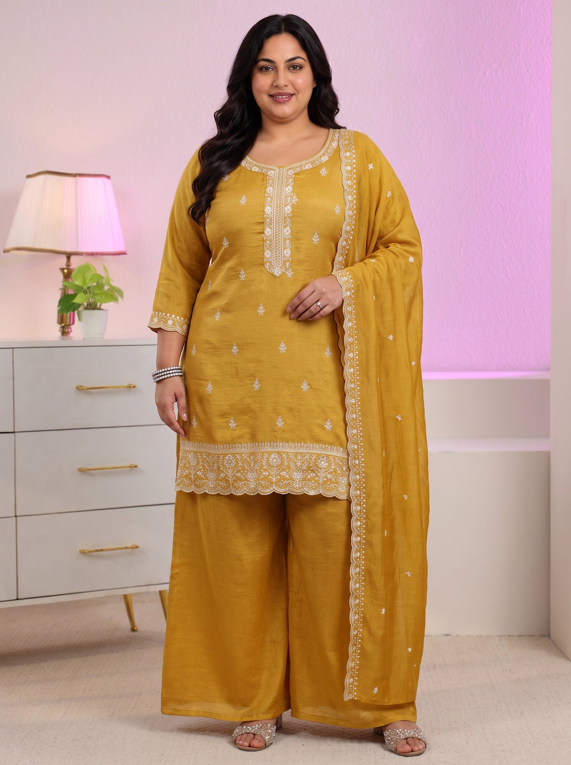 Plus Size Mustard Floral Embroidered Silk Blend Palazzo Suit Set