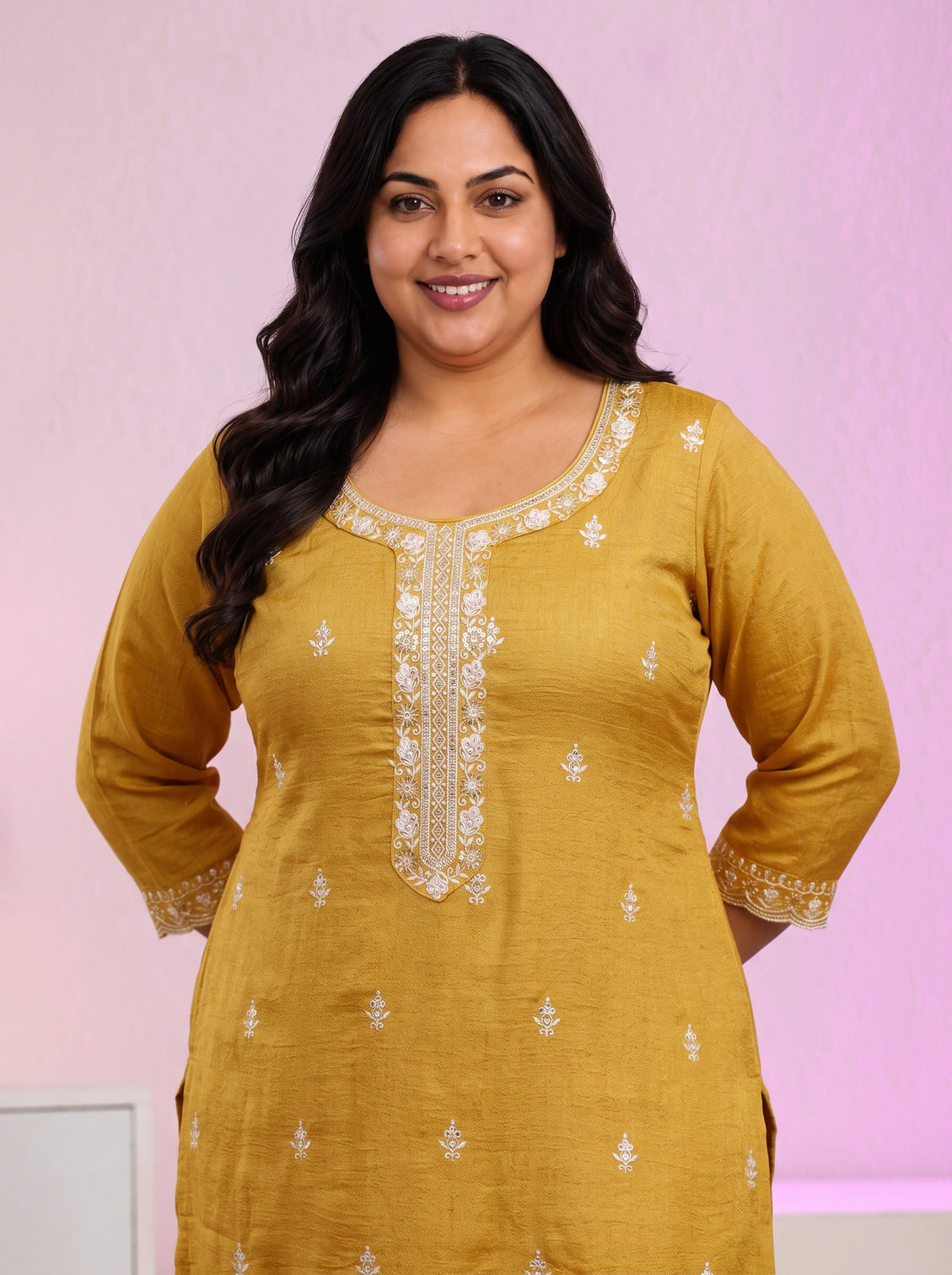 Plus Size Mustard Floral Embroidered Silk Blend Palazzo Suit Set
