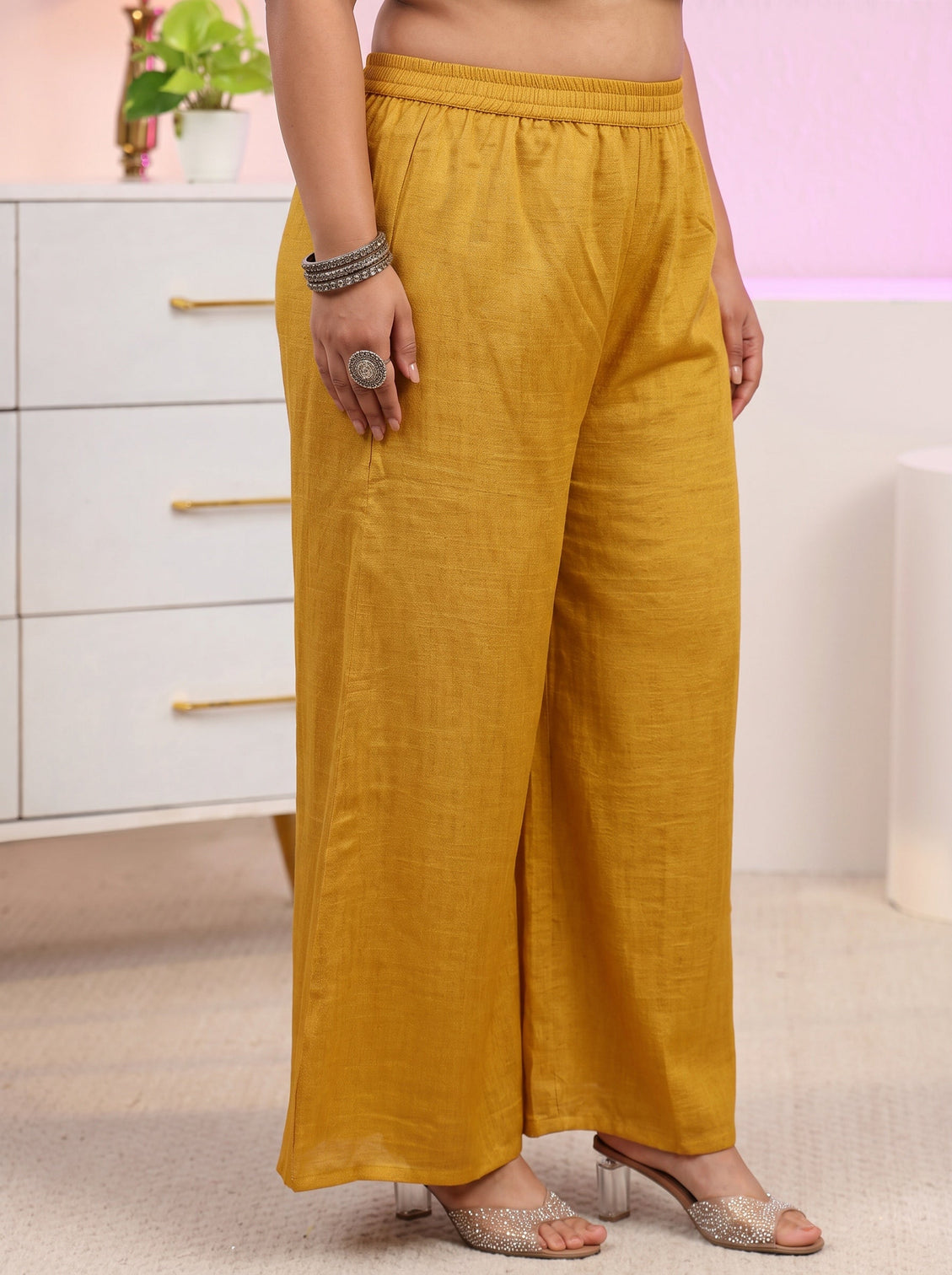 Plus Size Mustard Floral Embroidered Silk Blend Palazzo Suit Set