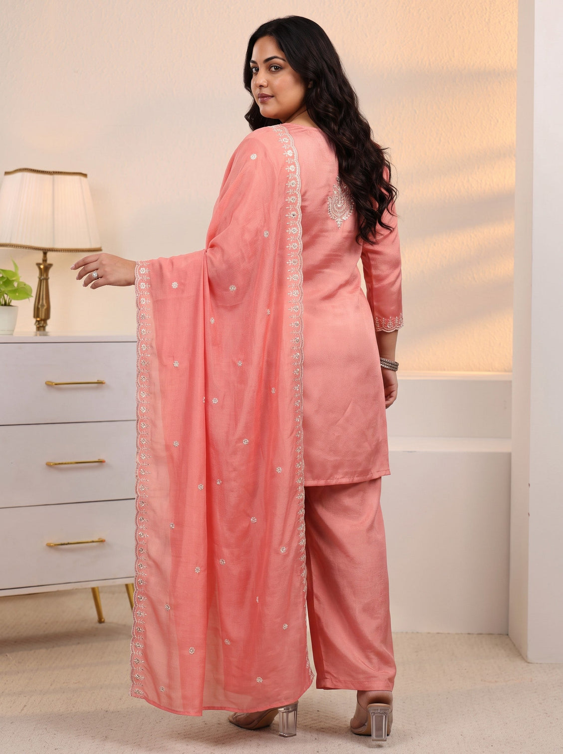 Plus Size Peach Pink Floral Embroidered Silk Blend Palazzo Suit Set