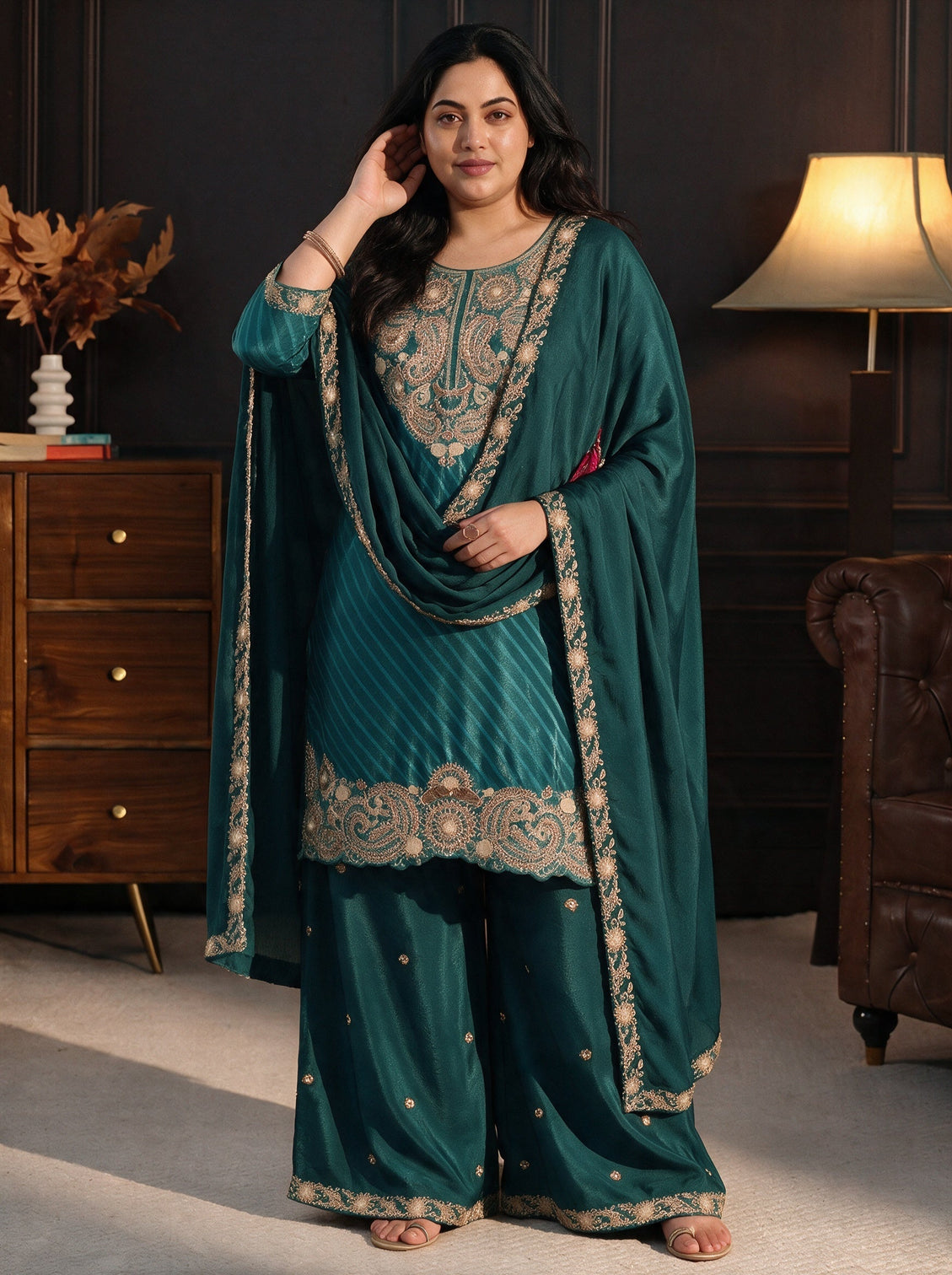 Plus Size Sacramento Green Paisley Embellished Chinon Palazzo Suit Set
