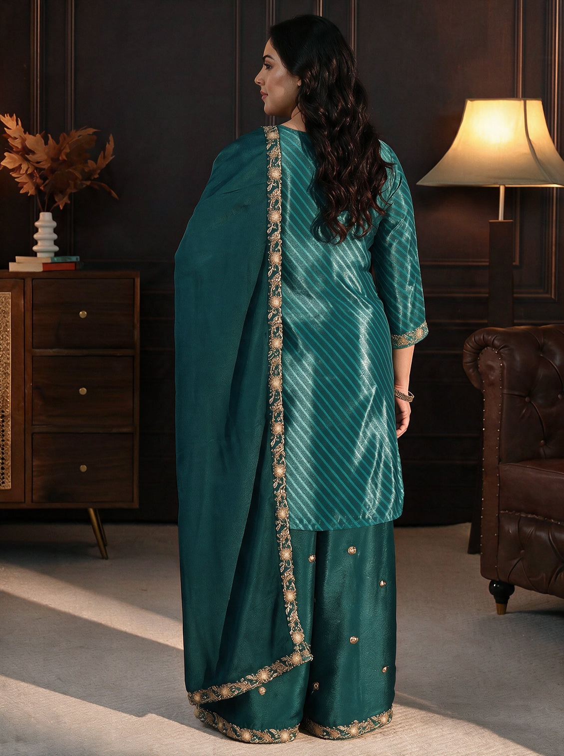 Plus Size Sacramento Green Paisley Embellished Chinon Palazzo Suit Set