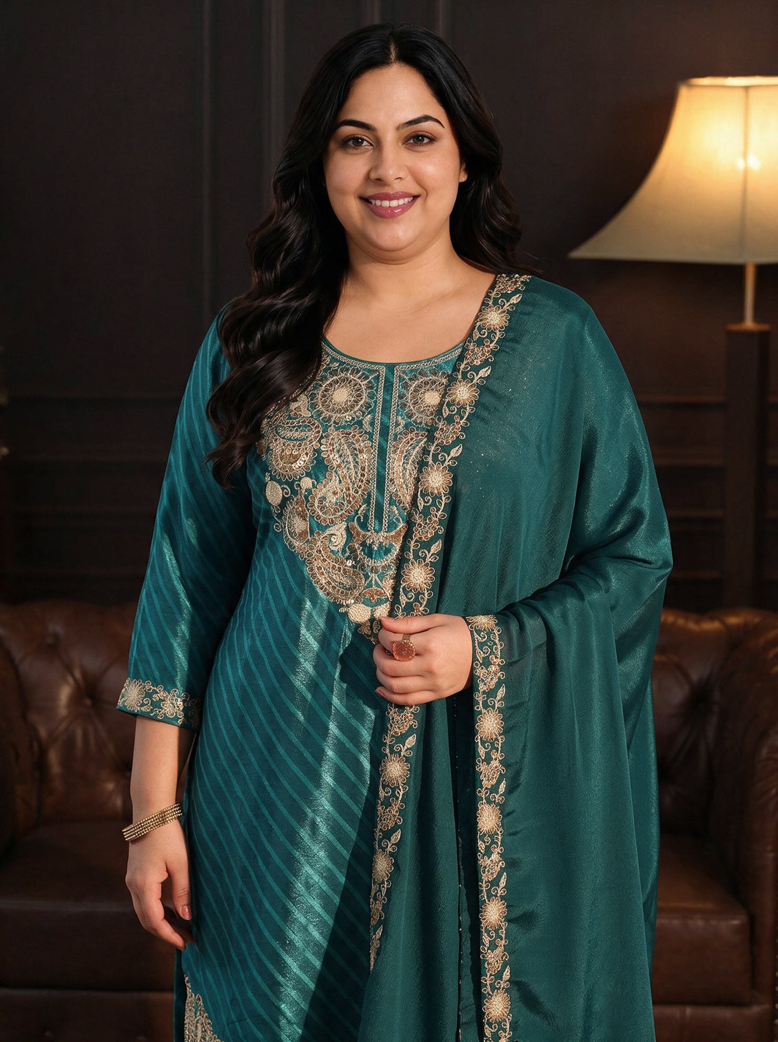Plus Size Sacramento Green Paisley Embellished Chinon Palazzo Suit Set