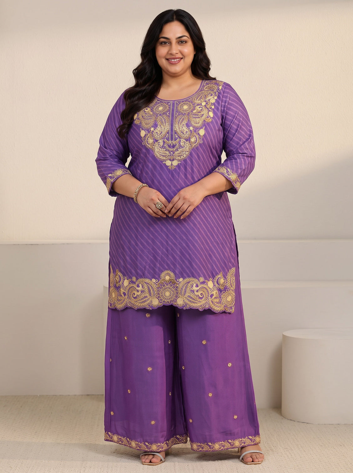 Plus Size Royal Purple Leheriya Yoke Embroidered Chinon Palazzo Suit Set