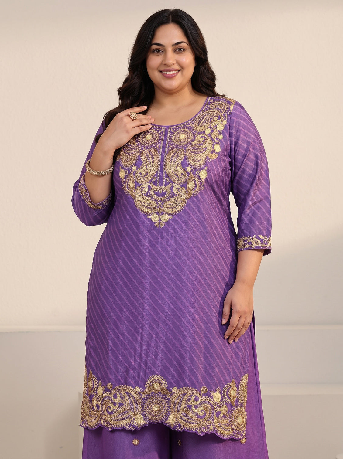 Plus Size Royal Purple Leheriya Yoke Embroidered Chinon Palazzo Suit Set