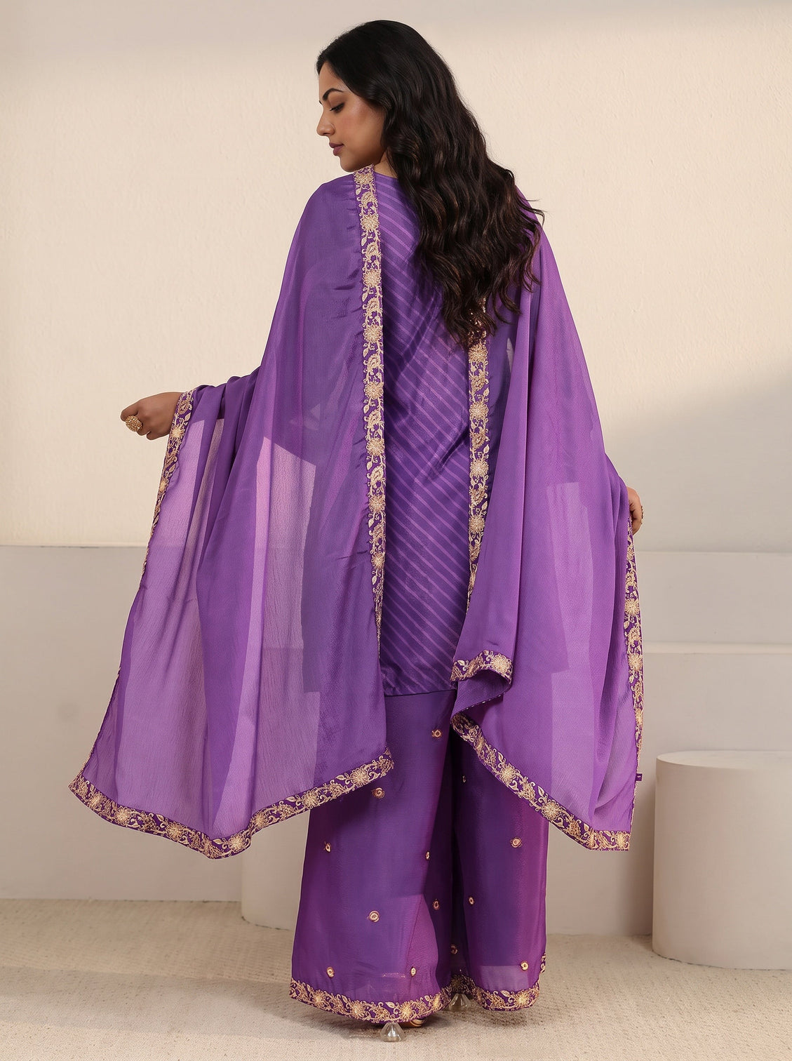 Plus Size Royal Purple Leheriya Yoke Embroidered Chinon Palazzo Suit Set