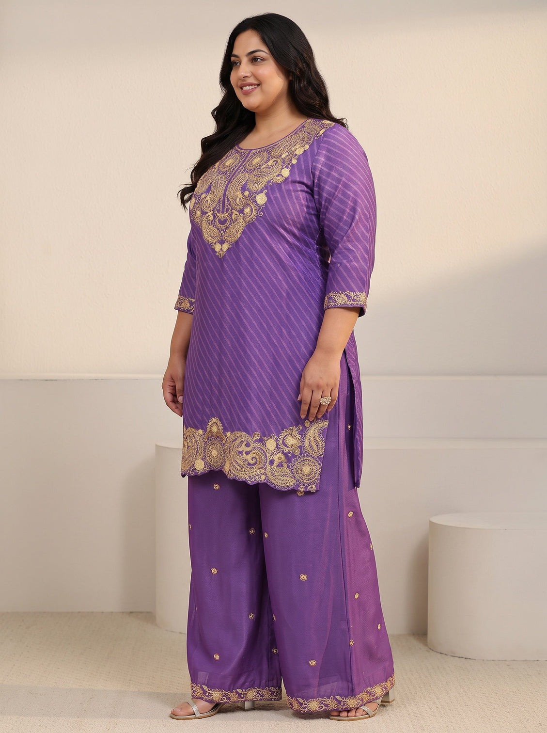 Plus Size Royal Purple Leheriya Yoke Embroidered Chinon Palazzo Suit Set