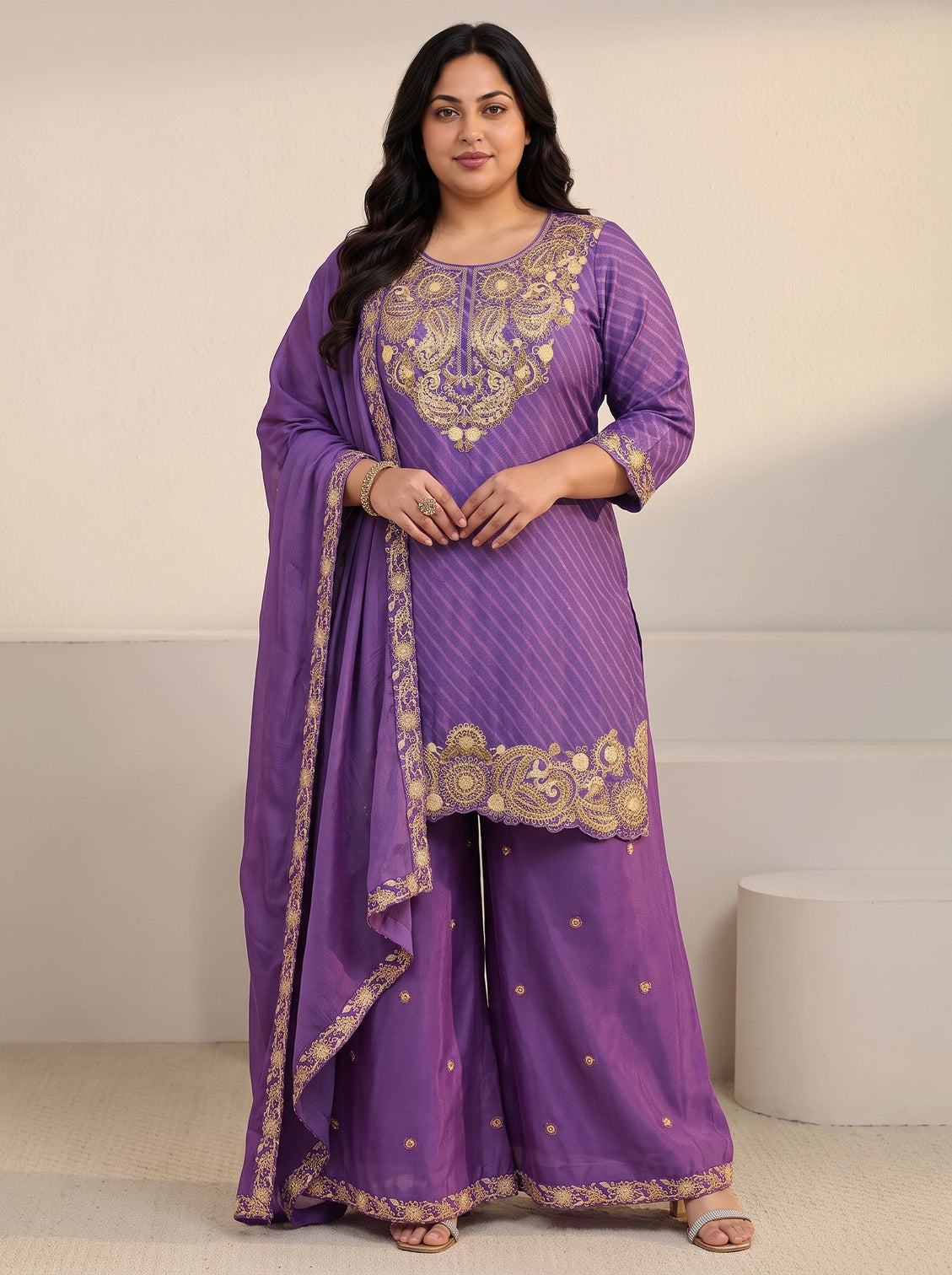 Plus Size Royal Purple Leheriya Yoke Embroidered Chinon Palazzo Suit Set