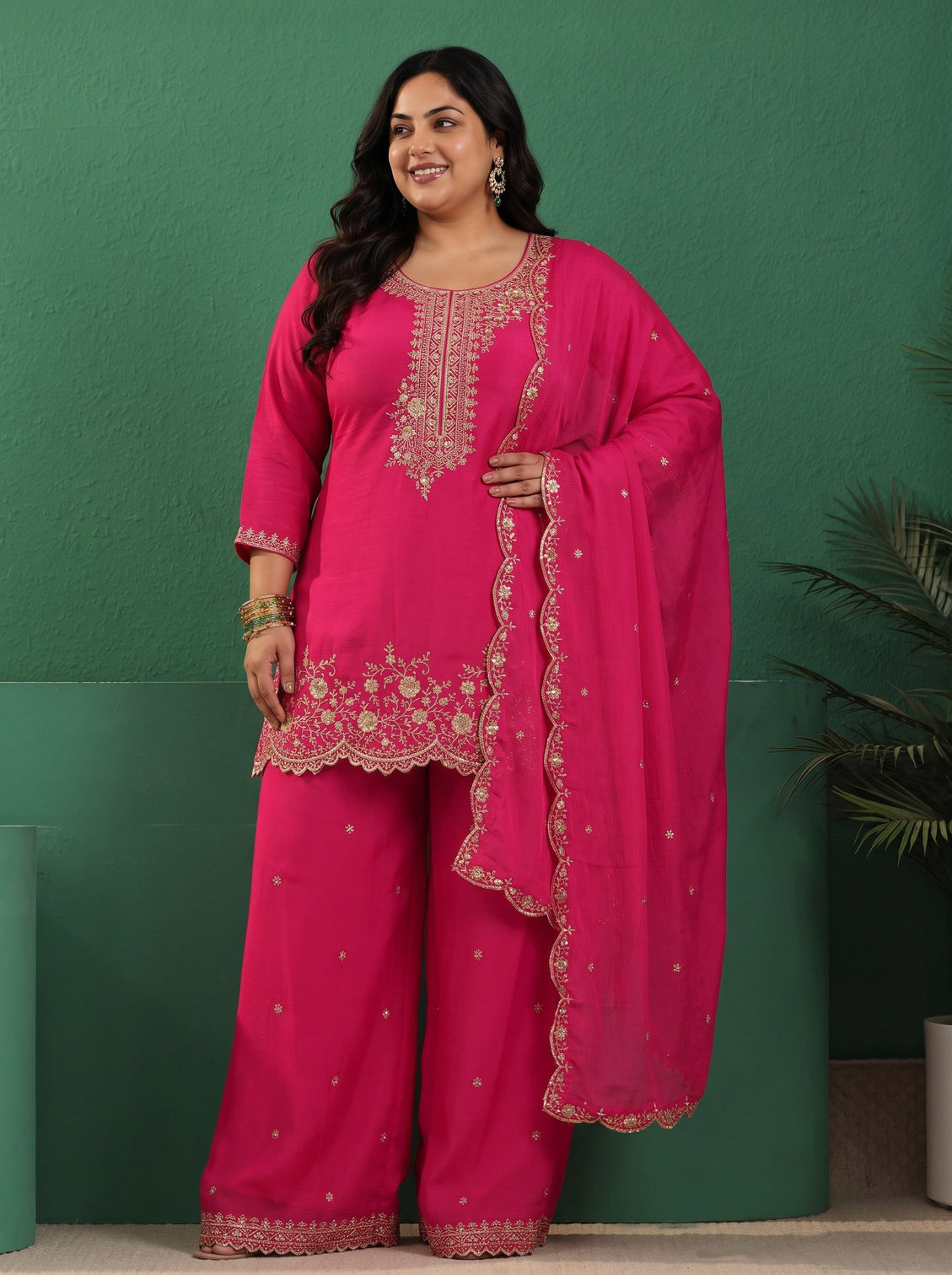 Plus Size Fuchsia Pink Floral Embellished Chinon Palazzo Suit Set