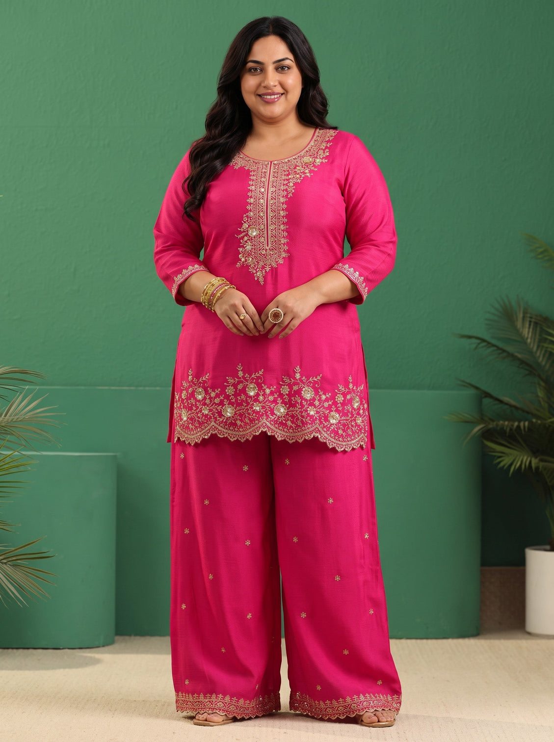 Plus Size Fuchsia Pink Floral Embellished Chinon Palazzo Suit Set